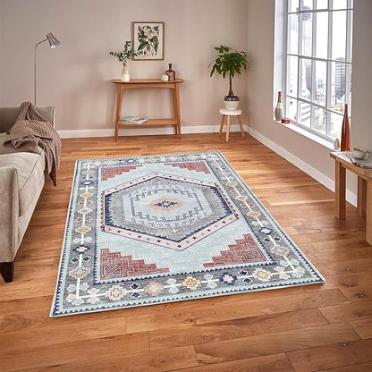 Fame Living Washable Area Rug. Modern Farmhouse. Vintage. Turkish. Bohemian. Distressed. Oriental. Traditional. Rugs for Living Room. Dining. Bedroom. Office. Entryway. Foyer. (856BlM, 2' x 3')