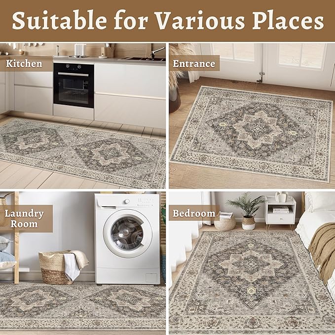 Tangsoo 2x5 Washable Runner Rug for Hallways, Non Slip Vintage, Soft Low Pile Long Runner, Print Distressed Grey Runners for Kitchen Bedroom Entryway Bathroom Living Room