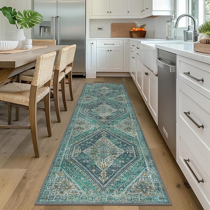 Bavni Kitchen Rug 2x7 Runner Rugs for Hallways Entryway, Washable Vintage Print Carpet, Ultra-Thin Chenille Low Pile Lightweight Rug with Non Slip Backing, Blue/Green