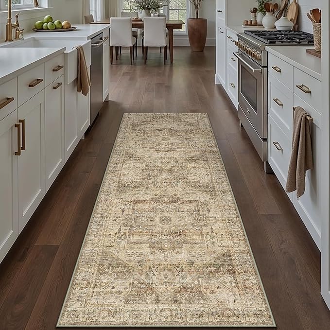 Brown Multi Hallway Runner Rug 2x5 Vintage Washable Distressed Area Carpet Kitchen Indoor Non Slip Traditional Medallion Retro Accent Throw Rug for Bedroom Laundry Office Dining Living Room