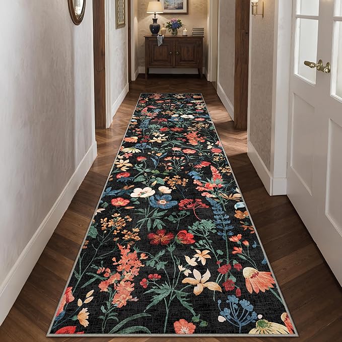 Floral Runner Rug 3x10 Washable Hallway Long Black Bedroom Carpet Non Slip Indoor Boho Kitchen Low Pile Accent Rug Lightweight Soft for Bathroom Dining Laundry Living Room