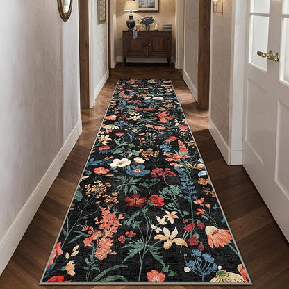 Floral Runner Rug 3x10 Washable Hallway Long Black Bedroom Carpet Non Slip Indoor Boho Kitchen Low Pile Accent Rug Lightweight Soft for Bathroom Dining Laundry Living Room