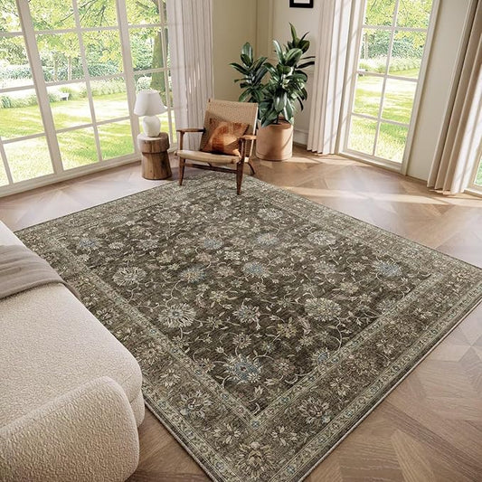 Washable 5x7 Area Rugs for Living Room, Boho Non-Slip Vintage Distress Rugs for Bedroom Dining Room Nursery Office, 0.3" Neutral Oriental Throw Thin Carpet with Cushioning Pad, Tan/Flaxen/Multi