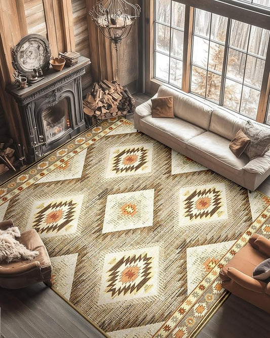 Area Rug 10x12 Rug Machine Washable Non-Slip Low Pile Print Pattern Western Rug for Living Room Bedroom Entryway Tribal Series-Cream/Camel