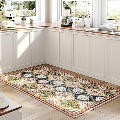 EnHomee Area Rugs 3x5, Soft Washable Rugs for Living Room Bedroom, Boho Non Slip Low Pile Stain Resistant Washable Rug Large Carpet for Dining Room,Easy to Clean Living Room Rug, Red & Green