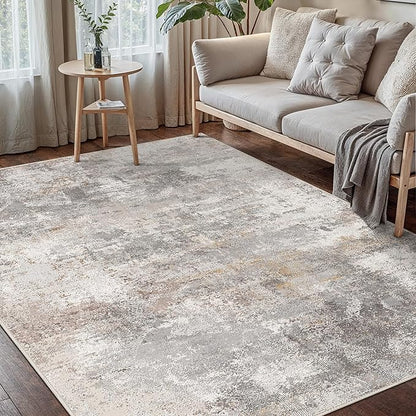 GENIMO Washable 5x7 Area Rugs for Living Room, Non Slip Modern Abstract Rug, Machine Washable Stain Resistant Low Pile Soft Carpet for Bedroom, Dining, Office, Light Grey Brown