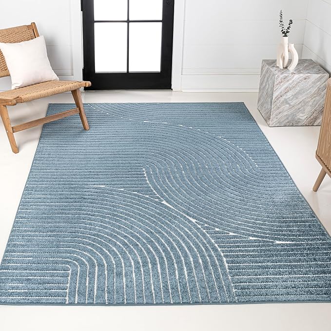 JONATHAN Y Hallie High-Low Curve Dark Blue/Cream 5x8 Indoor/Outdoor Area Rug, Minimalist Geometric, Pet Friendly, for Patio, Backyard, Living Room, Bedroom, Office, Hose-Washable (SCN100C-5)