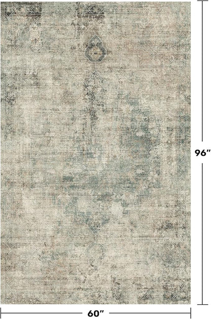 Tan and Moss Rugs for Dining Room - Neutral Abstract Faded Patterned Accent Rug 5x8 for Living Room, Home Office, Bedroom Foldable Soft Washable