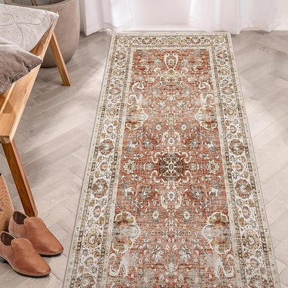 Deerly Vintage Runner Rug 3x7 Runner Rugs for Hallway Non-Slip Kitchen Runner Rug with Rubber Backing Washable Rug Runner for Bedroom Distressed Brick Red