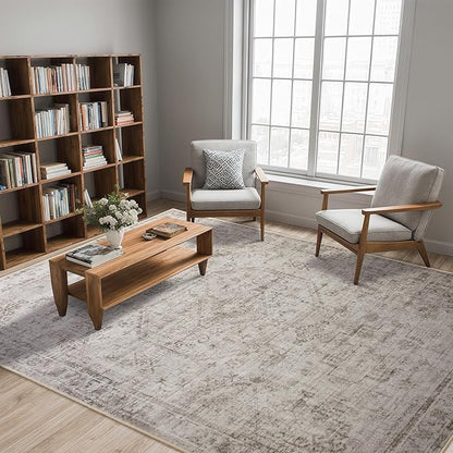 6x9 Washable Area Rug for Living Room, Non-Slip Distressed Rugs for Bedroom Dinning Room, Ultra-Thin Indoor Non-Shedding Vintage Print Carpet for Farmhouse, Home Office, Dorm Light Taupe/Cream