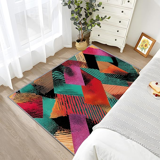 Patchwork Bedroom Rug - Abstract Geometric Art Rug, 6x9 Area Rugs, Multicolor Retro Aesthetic Non Slip Fade Resistant Large Carpets Home Decor #C036