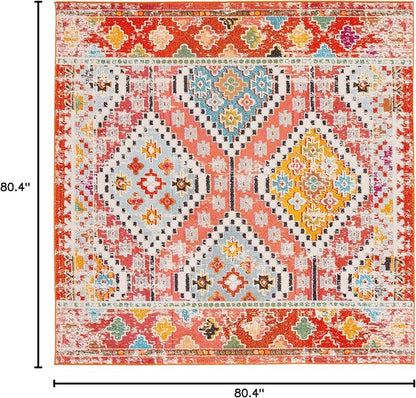 SAFAVIEH Madison Collection Area Rug - 6'7" Square, Rust & Pink, Boho Diamond Distressed Design, Non-Shedding & Easy Care, Ideal for High Traffic Areas in Living Room, Bedroom (MAD418Q)
