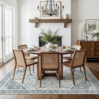 8x10 Area Rug Machine Washable Boho Rug for Living Room,Ultra-Thin Low Pile Carpet,Lightweight Indoor Printed Rug,Non Slip Floral Area Rug for Bedroom, Dining Room, Home Office,Light Blue
