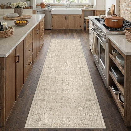HUGEAR 2x8 Machine Washable Hallway Runner Rugs Vintage Beige - Neutral Non Slip Stain Resistant Low Pile Aesthetic Throw Carpet Kids & Pet Friendly for Bedroom Kitchen Entryway
