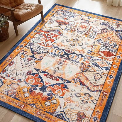 Phantoscope Washable Area Rug 3'x5' Non-Slip, Vintage Boho Rugs for Living Room, Bedroom, Dining Room, Distressed Persian Market Pattern, Low-Pile Foldable Floor Carpet, Navy/Orange