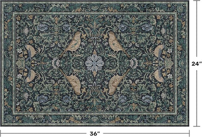 Washable Floral Small 2x3 Dark Blue Entryway Rugs Indoor, Botanical Bird Kitchen Floor Mats, Non-Slip & Soft Boho Carpet for Bathroom, Low Pile Stain Resistant Throw Rugs Bedroom