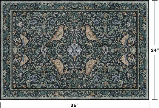 Washable Floral Small 2x3 Dark Blue Entryway Rugs Indoor, Botanical Bird Kitchen Floor Mats, Non-Slip & Soft Boho Carpet for Bathroom, Low Pile Stain Resistant Throw Rugs Bedroom
