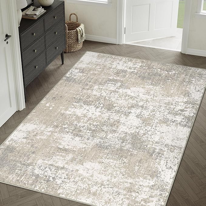 Modern Abstract Beige Gray Area Rug 6x9 Machine Washable Large Carpet Neutral Kitchen Indoor Accent Throw Low Pile Non Slip Distressed Living Dining Room Bedroom Office