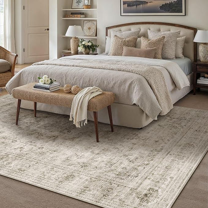 HUGEAR Washable 6x9 Area Rugs Retro Beige Living Room Bedroom Rug Vintage Distressed Non Slip Stain Resistant Low Pile Neutral Throw Carpet for Home Decor