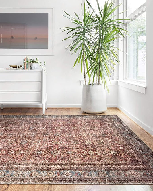 Loloi Layla Collection LAY-01 Brick/Blue 2'-0" x 5'-0" .13" Thick Accent Rug, Soft, Durable, Vintage Inspired, Distressed, Low Pile, Non-Shedding, Easy Clean, Printed, Living Room Rug