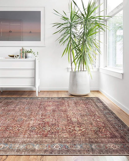 Loloi Layla Collection LAY-01 Brick/Blue 5'-0" x 7'-6" .13" Thick Area Rug, Soft, Durable, Vintage Inspired, Distressed, Low Pile, Non-Shedding, Easy Clean, Printed, Living Room Rug