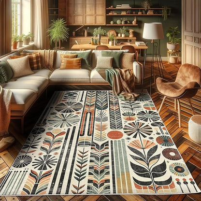 Ambesonne Bohemian Decorative Rug, Retro Mid Century Inspired Abstract Patterns on Ivory Background, Quality Carpet for Bedroom Dorm and Living Room, 2' x 5', Dark Orange and Reseda Green