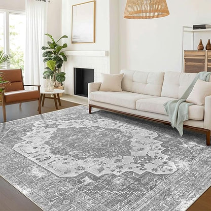 vivorug 6x9 Area Rugs, Stain Resistant Washable Rug for Living Room, Vintage-Inspired Grey Floral Rug