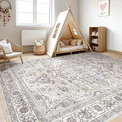 6x8 Area Rug Living Room: Washable Boho Large Neutral Vintage Soft Rugs Stain Resistant Farmhouse Non Slip Indoor Floor Carpet for Bedroom Nursery Kids Playroom Office Dining Room Home- Ivory Gray