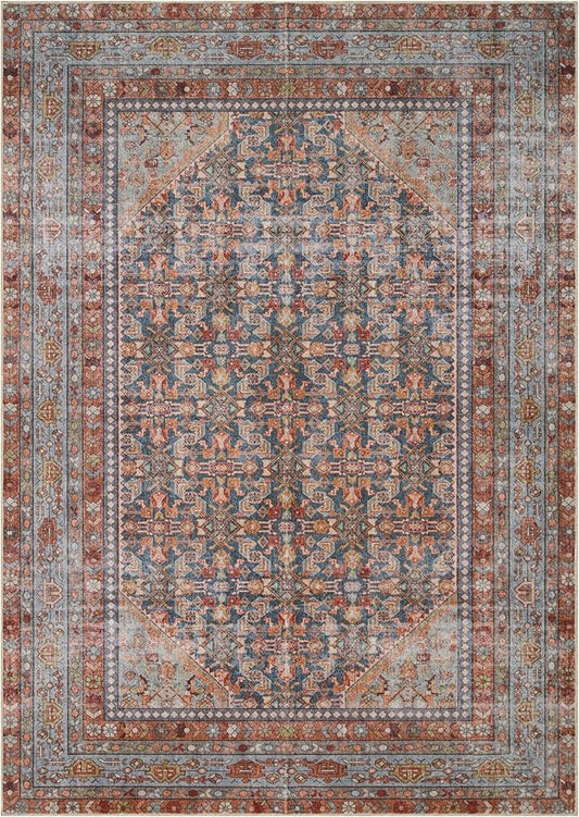 Kuden 10x14 Large Area Rug, Machine Washable Area Rug with Non-Slip Backing, Vintage Style, Soft, Easy Clean, Low Pile Rug for Living Room, Bedroom, Dining Room