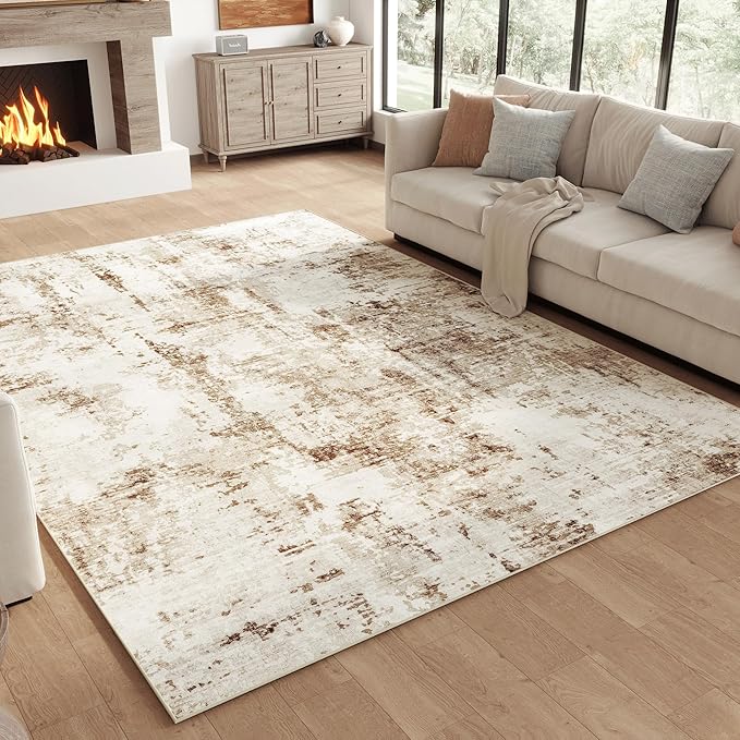 FMFUNCTEX 5x7 Washable Area Rug Brown Beige Abstract Modern Neutral Non Slip Low Pile Indoor Carpet Soft Thin Throw Rug for Entryway Entrance Living Room Bedroom Dining Office Nursery Kitchen Laundry