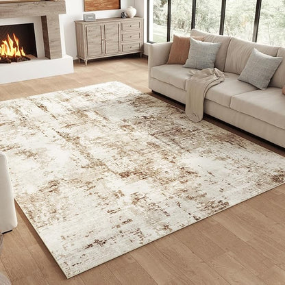 FMFUNCTEX 5x7 Washable Area Rug Brown Beige Abstract Modern Neutral Non Slip Low Pile Indoor Carpet Soft Thin Throw Rug for Entryway Entrance Living Room Bedroom Dining Office Nursery Kitchen Laundry
