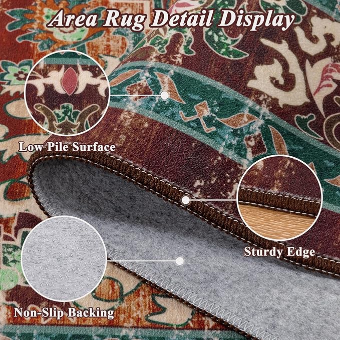 U'Artlines Christmas Boho Vintage Area Rug 5x7 Machine Washable Low Pile Ultra-Thin Soft Floor Carpet Non Slip Non Shedding Accent Rug for Living Room Bedroom Entryway Dining Room Office(Rust＆Teal)