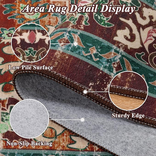 U'Artlines Christmas Boho Vintage Area Rug 5x7 Machine Washable Low Pile Ultra-Thin Soft Floor Carpet Non Slip Non Shedding Accent Rug for Living Room Bedroom Entryway Dining Room Office(Rust＆Teal)