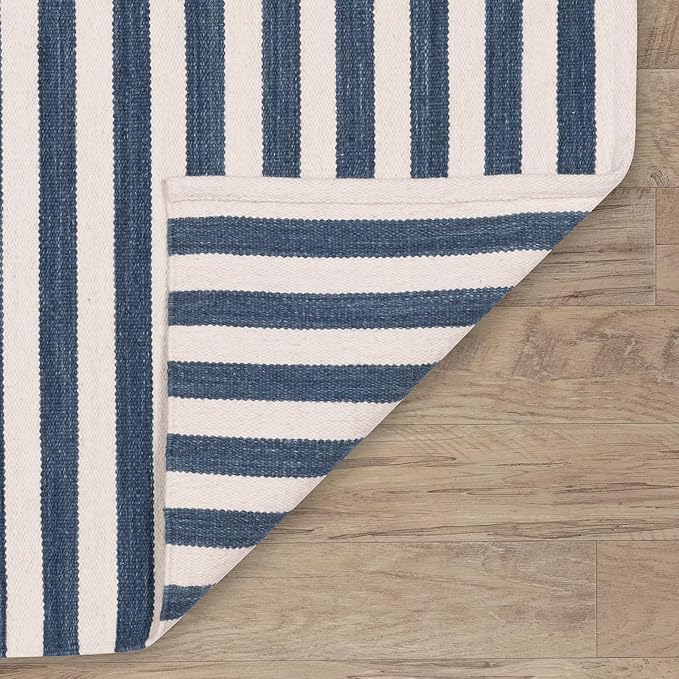 Home Conservatory Ladder Stripe Navy/Ivory Handwoven Wool 5 X 8 Feet, Blue/Ivory Stripe Pattern