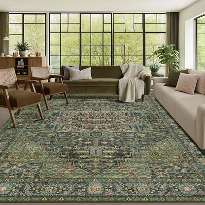 Kokia 9x12 Washable Area Rugs Dark Green with Vintage Orient Design, Soft Rug for Living Room or Bedroom, Non-Slip Low Pile Stain Resistance Features, Distressed Medallion Pattern