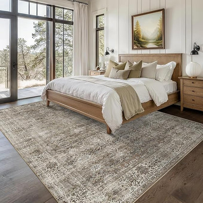 10x14 Washable Area Rug Grey Brown Vintage Rug for Living Room Bedroom Low Pile Soft Non-Slip Boho Rug for Under Table Boho Distressed Retro Carpet for Bedroom Dining Room