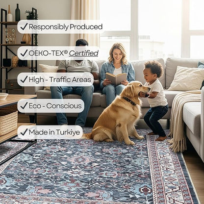 Fame Rugs Turkish Rug. Washable Vintage Oriental Antique Inspired Traditional Doormat Small Modern Area Rugs Luxury Entryway Entry Bedroom Bathroom Kitchen (409CN, 2'5 x 13'1)