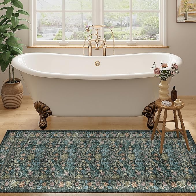 DUKINO 2x5 Washable Runner Rug, Floral Non Slip Bathroom Rugs with Soft Low Pile Design, Lightweight Non-Shedding Carpet Runner for Bathroom, Kitchen, Hallway, Bedroom, Laundry, Blue