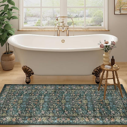 DUKINO 2x5 Washable Runner Rug, Floral Non Slip Bathroom Rugs with Soft Low Pile Design, Lightweight Non-Shedding Carpet Runner for Bathroom, Kitchen, Hallway, Bedroom, Laundry, Blue