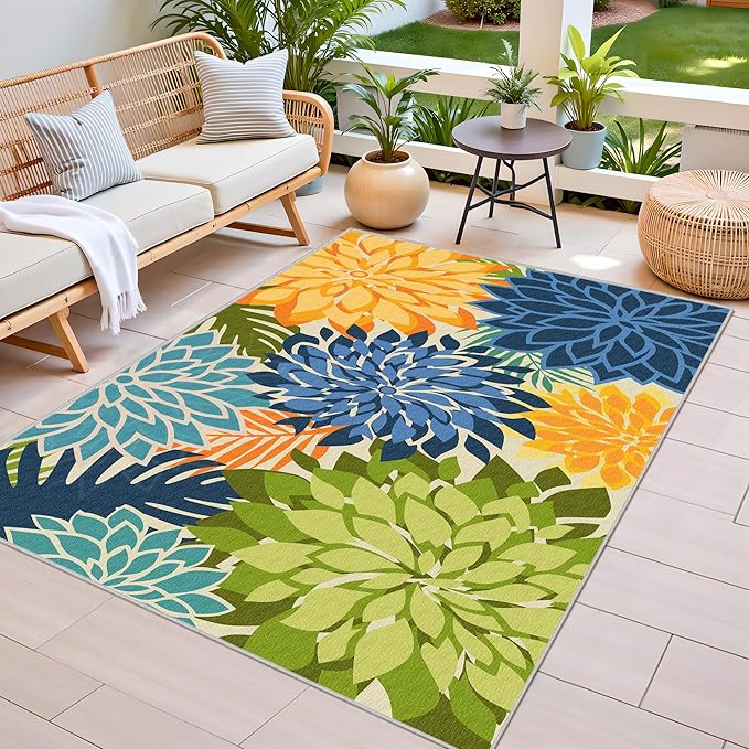 3x5 Washable Rug for Living Room Tropical Botanical Modern Floral Chenille Area Rugs Low Pile Non Slip Carpet for Patio, Bedroom, Laundry, Green