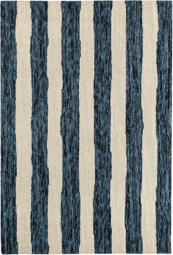 Dash & Albert Silas Stripe Navy Hand Micro Hooked Wool Rug, 7.5 X 9.5 Feet, Blue Stripe Pattern - Premium Luxury Hotel Quality Soft Breathable Hypoallergenic Machine Washable Easy Care All Season