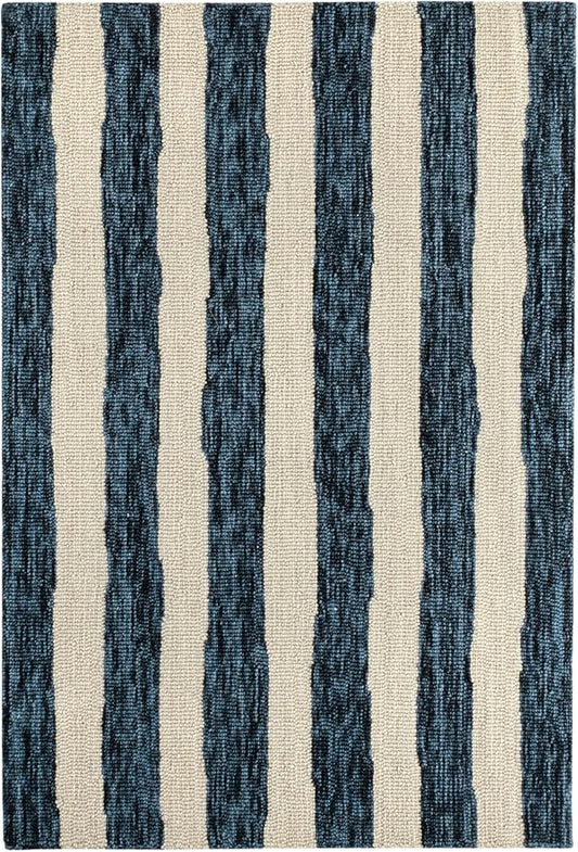 Dash & Albert Silas Stripe Navy Hand Micro Hooked Wool Rug, 7.5 X 9.5 Feet, Blue Stripe Pattern - Premium Luxury Hotel Quality Soft Breathable Hypoallergenic Machine Washable Easy Care All Season