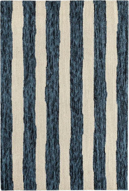 Dash & Albert Silas Stripe Navy Hand Micro Hooked Wool Rug, 5 X 8 Feet, Blue Stripe Pattern - Premium Luxury Hotel Quality Soft Breathable Hypoallergenic Machine Washable Easy Care All Season