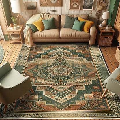 Ambesonne Oriental Boho Decorative Rug, Bohemian Flowery Mandala with Abstract Geometric Details Print, Quality Carpet for Bedroom Dorm and Living Room, 2' 5" x 5', Hunter Green Peach