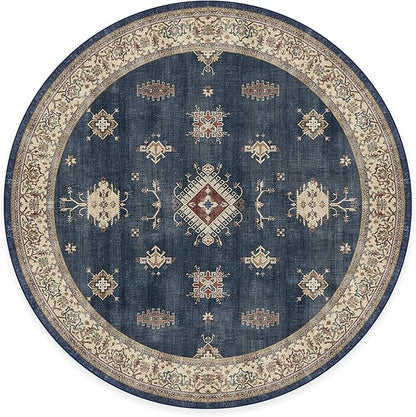 RUGGABLE Washable Vintage Area Rug – Verena Sapphire 6 ft Round, Stain-Resistant, Non-Slip – Medium Machine Washable Rugs for Living Room, Bedroom, Hallway, Entryway & Office–with Cushioned Pad