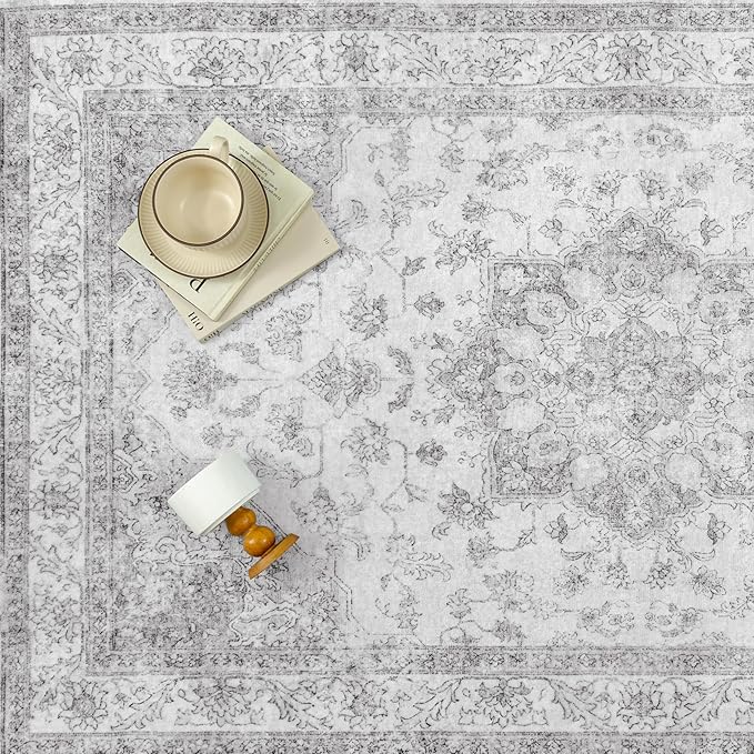Grey Gray Area Rug 4x6 Washable Vintage Carpet for Office Living Room Soft Retro Low Pile Thin Indoor Rug Non Slip Oriental Medallion Floor Cover for Bedroom Kitchen Dining Room