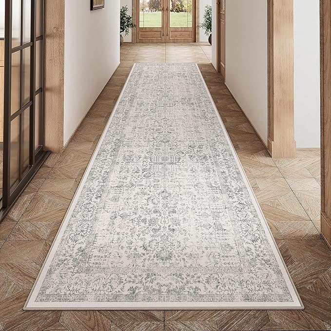 Gray Runner Rug 2x12 Hallway Machine Washable Kitchen Vintage Distressed Non Slip Long Carpet Indoor Grey Retro Floral Bedroom Accent Throw Rug for Bathroom Office Laundry Dining Living Room