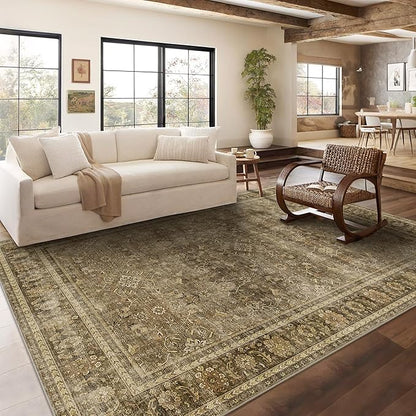 HelloTree Washable Rugs 9x12 Area Rug for Living Room, Vintage Boho Brown Rug Non Slip Carpet Retro Accent Indoor Mat Print Distressed Low Pile Throw Large Rug for Office Dining Room Bedside-Brown