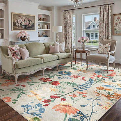 Beige Area Rug 6x9 Floral Washable Living Room Kitchen Boho Carpet Non Slip Low Pile Indoor Accent Lightweight Soft Throw Rug for Bedroom Office Dining Room Nursery Farmhouse