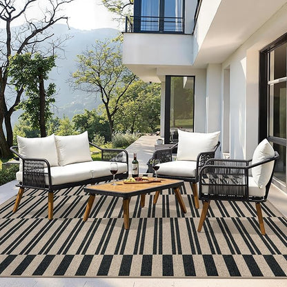 Lahome Striped Easy Jute Carpet, 8x10 Living Room Rugs Indoor Outdoor Patio Dining Room Rug, Farmhouse Non Slip Non Shedding Non Shedding Black Carpet for Deck Backyard Mudroom